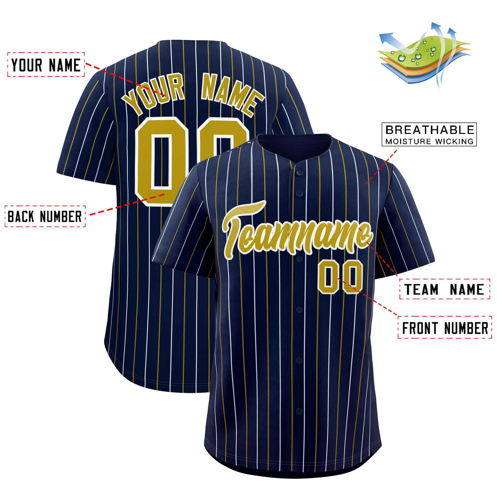 Custom Navy Old Gold and White Bi-Color Stripes Fashion Authentic Baseball Jersey