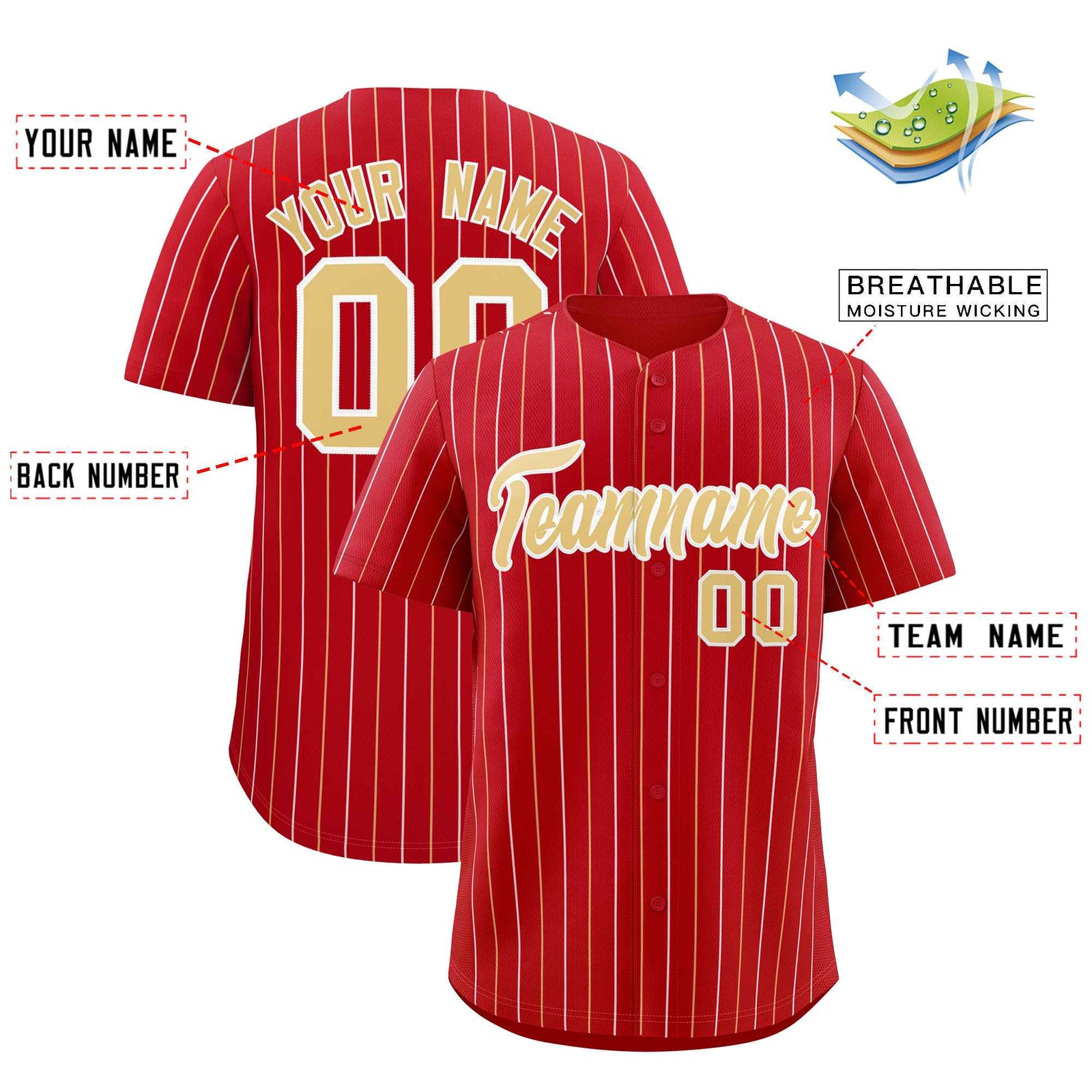 Custom Red Khaki and White Bi-Color Stripes Fashion Authentic Baseball Jersey