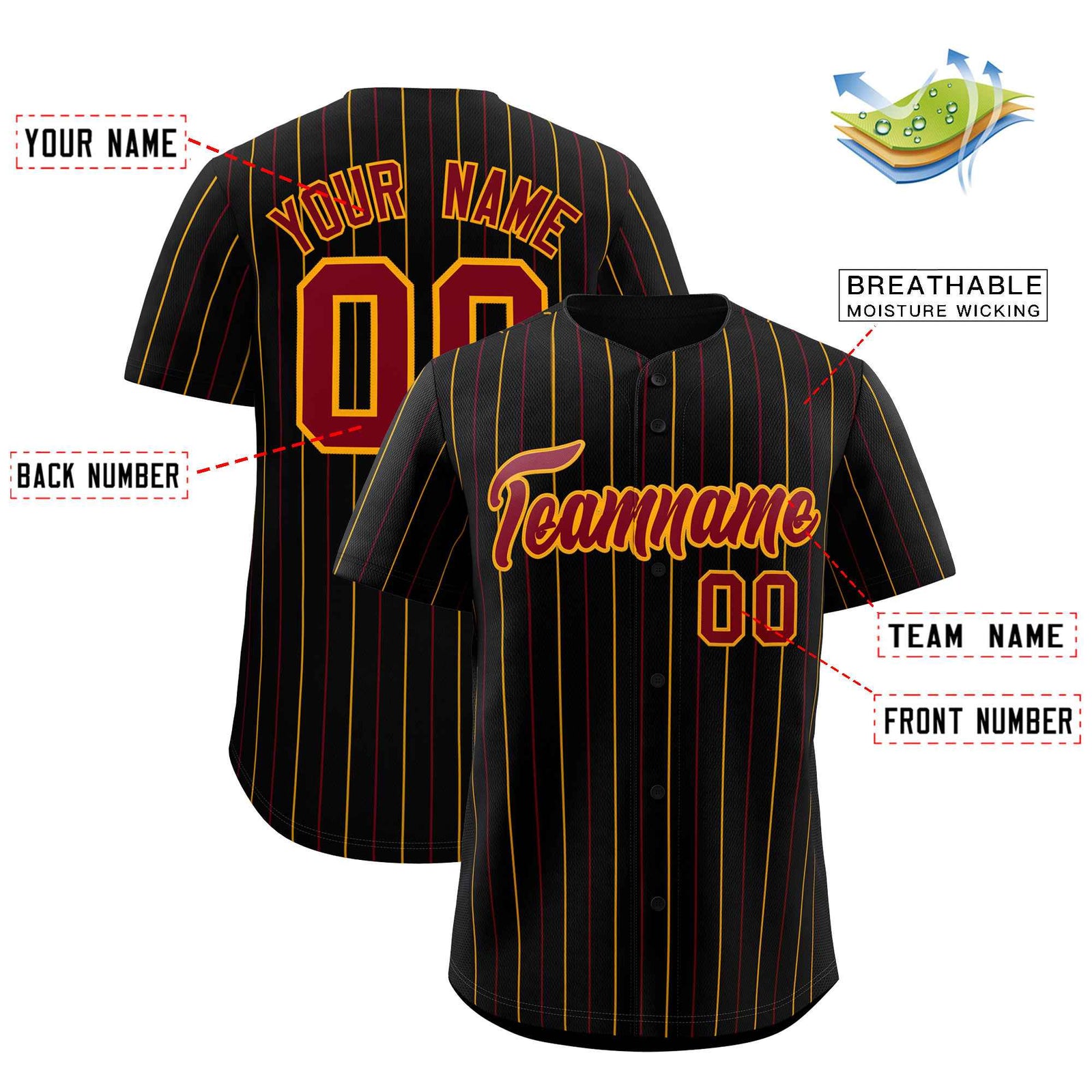 Custom Black Crimson and Yellow Bi-Color Stripes Fashion Authentic Baseball Jersey