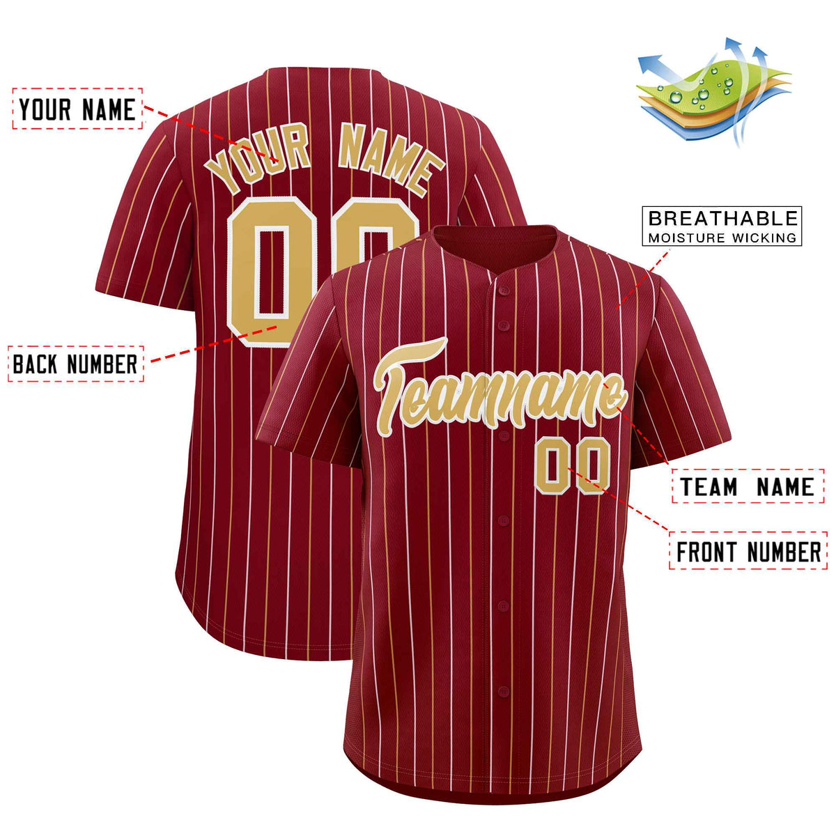 Custom Crimson Old Gold and White Bi-Color Stripes Fashion Authentic Baseball Jersey