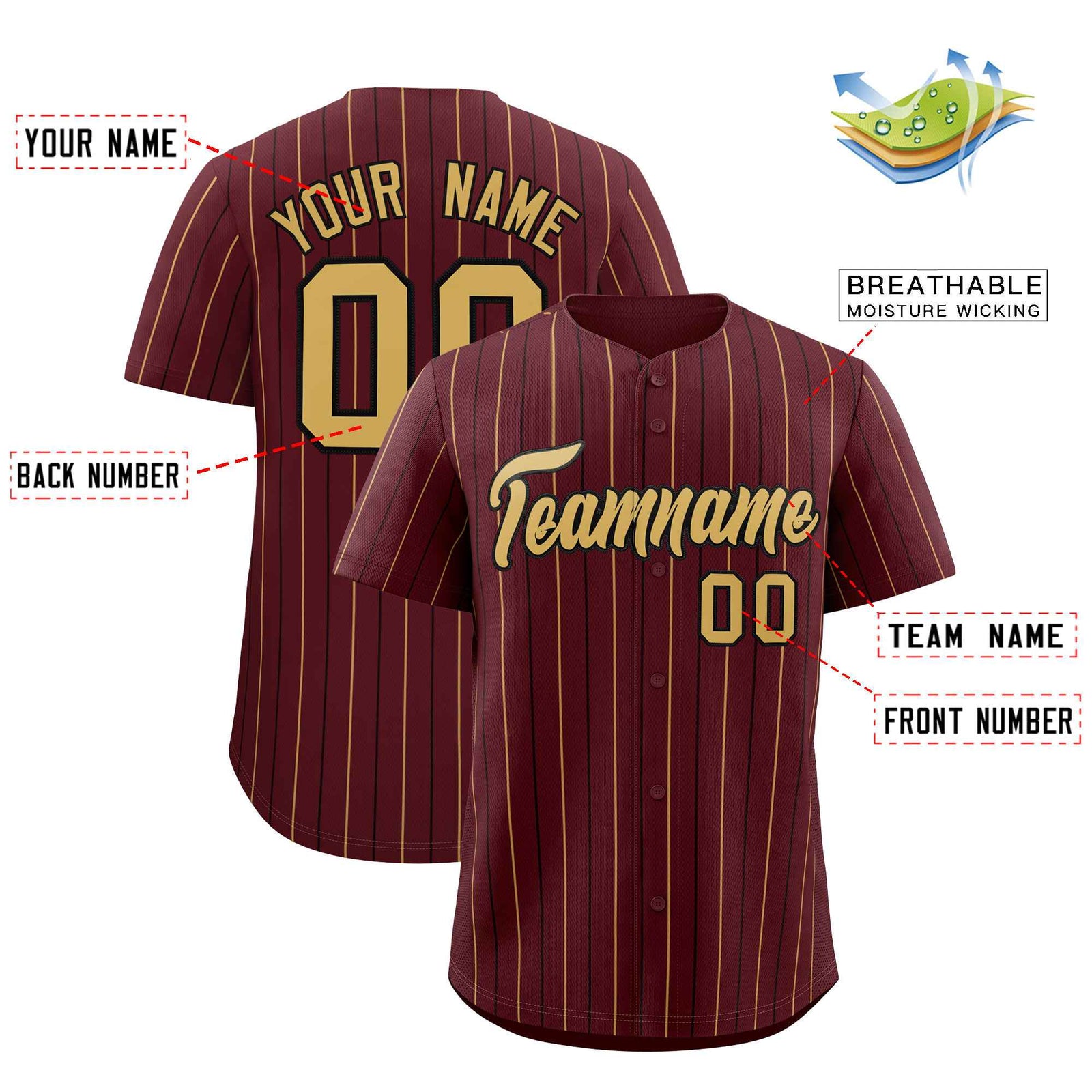 Custom Burgundy Old Gold and Black Bi-Color Stripes Fashion Authentic Baseball Jersey