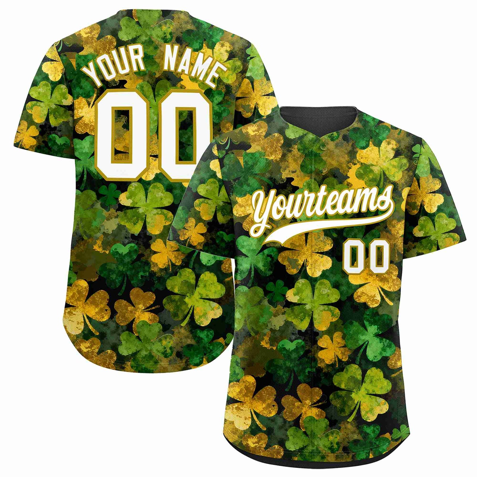 Custom Black White St.Patrick's Day Personalized Four Leaf Clover Pattern Baseball Jersey