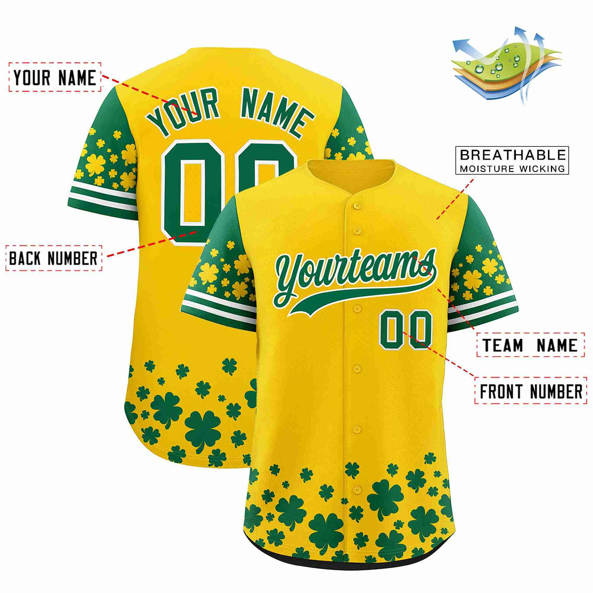 Custom Gold Kelly Green St.Patrick's Day Personalized Four Leaf Clover Pattern Baseball Jersey