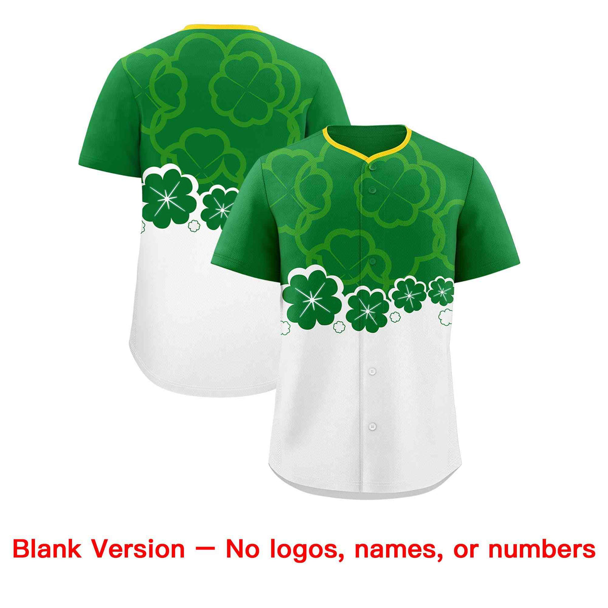 Custom White Kelly Green St.Patrick's Day Personalized Four Leaf Clover Pattern Baseball Jersey