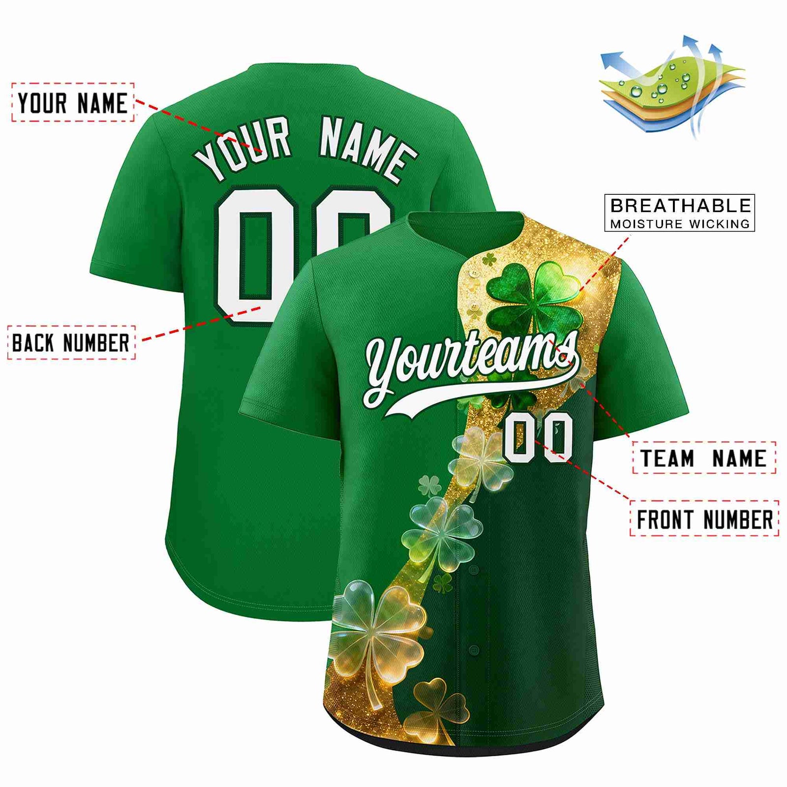 Custom Kelly Green Green St.Patrick's Day Personalized Four Leaf Clover Pattern Baseball Jersey