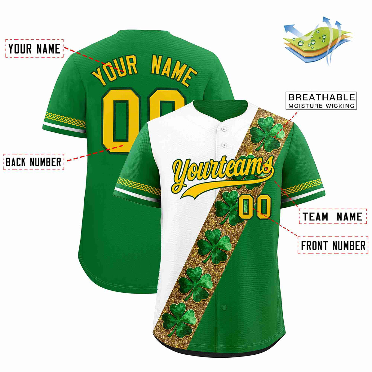 Custom White Kelly Green St.Patrick's Day Personalized Four Leaf Clover Pattern Baseball Jersey