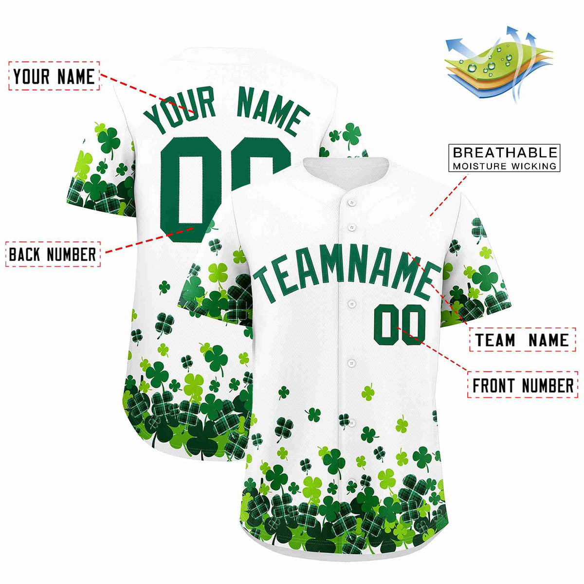 Custom White Green St.Patrick's Day Personalized Four Leaf Clover Pattern Baseball Jersey