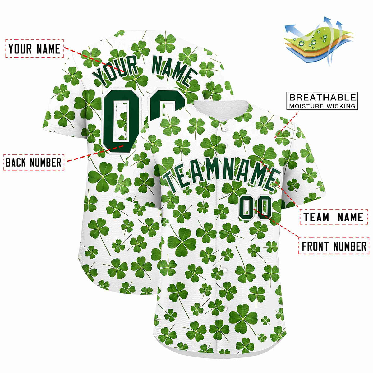 Custom White Green St.Patrick's Day Personalized Four Leaf Clover Pattern Baseball Jersey