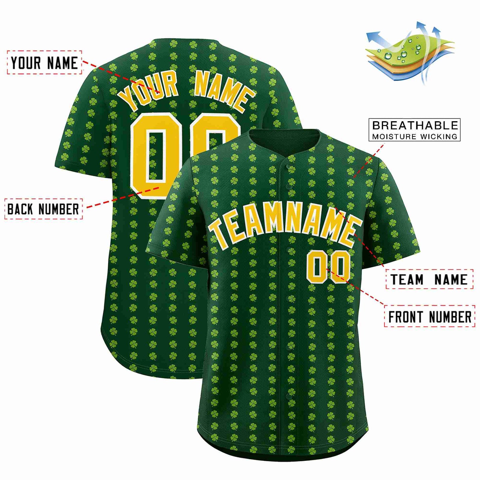 Custom Green Gold St.Patrick's Day Personalized Four Leaf Clover Pattern Baseball Jersey