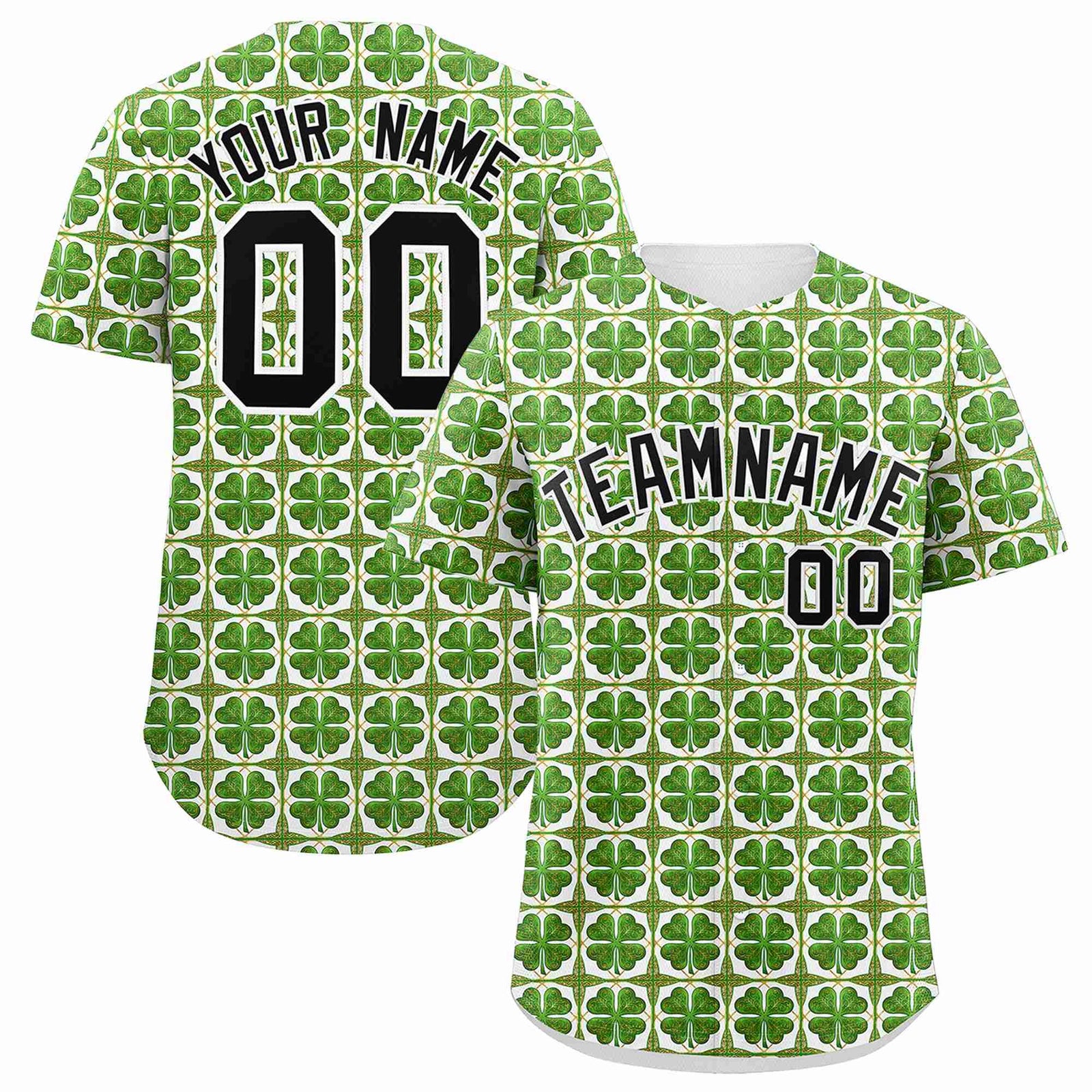 Custom White Black St.Patrick's Day Personalized Four Leaf Clover Pattern Baseball Jersey