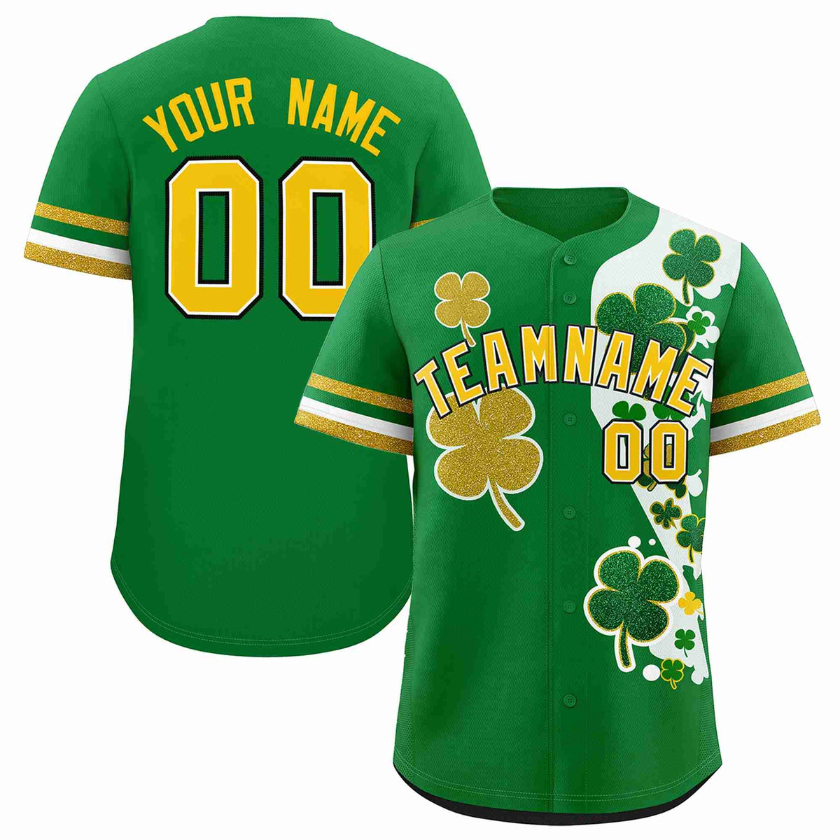 Custom Kelly Green Gold St.Patrick's Day Personalized Four Leaf Clover Pattern Baseball Jersey