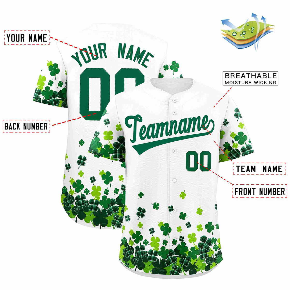 Custom White Green St.Patrick's Day Personalized Four Leaf Clover Pattern Baseball Jersey| KXKSHOP