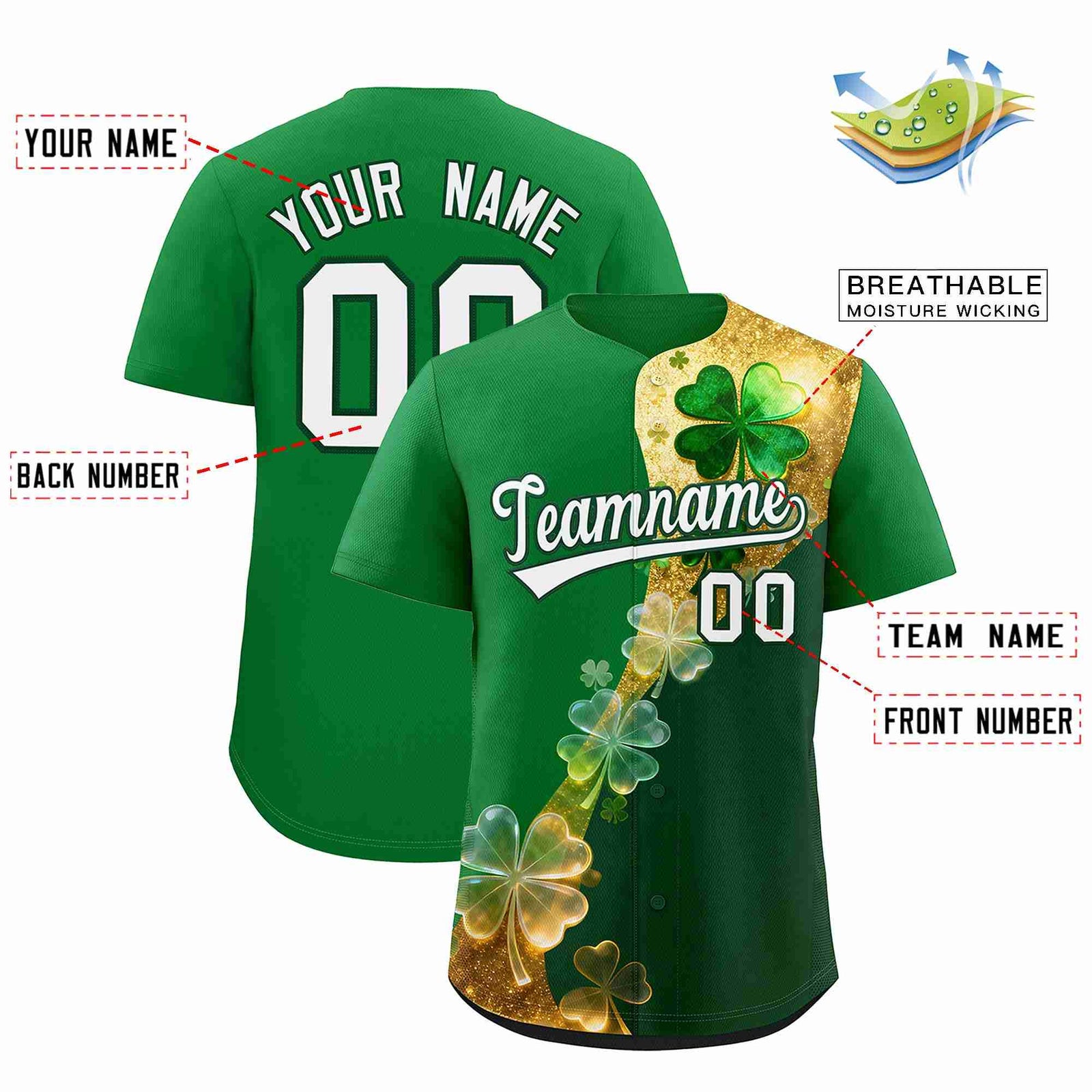 Custom Kelly Green Green St.Patrick's Day Personalized Four Leaf Clover Pattern Baseball Jersey| KXKSHOP