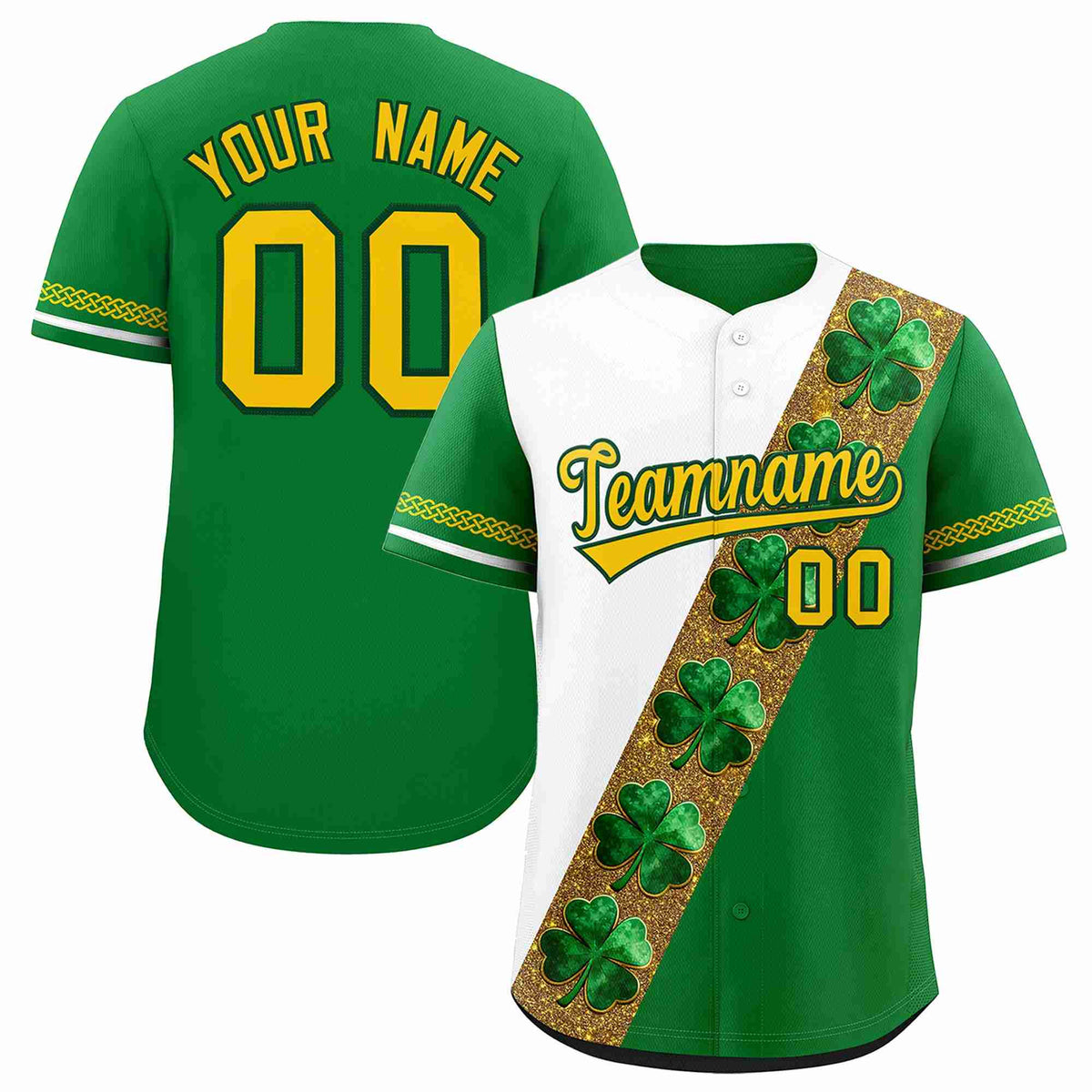 Custom White Kelly Green St.Patrick's Day Personalized Four Leaf Clover Pattern Baseball Jersey| KXKSHOP