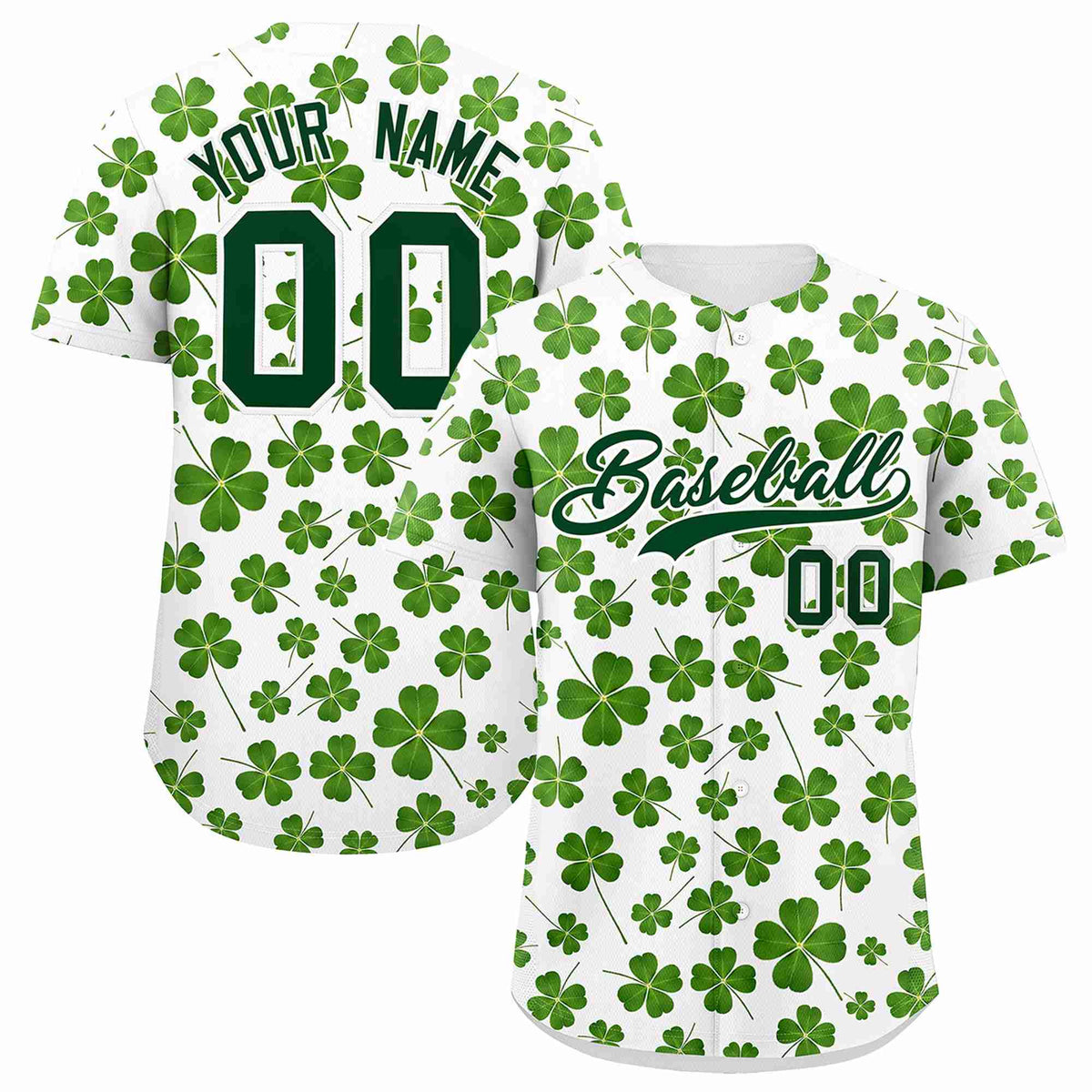 Custom White Green St.Patrick's Day Personalized Four Leaf Clover Pattern Baseball Jersey