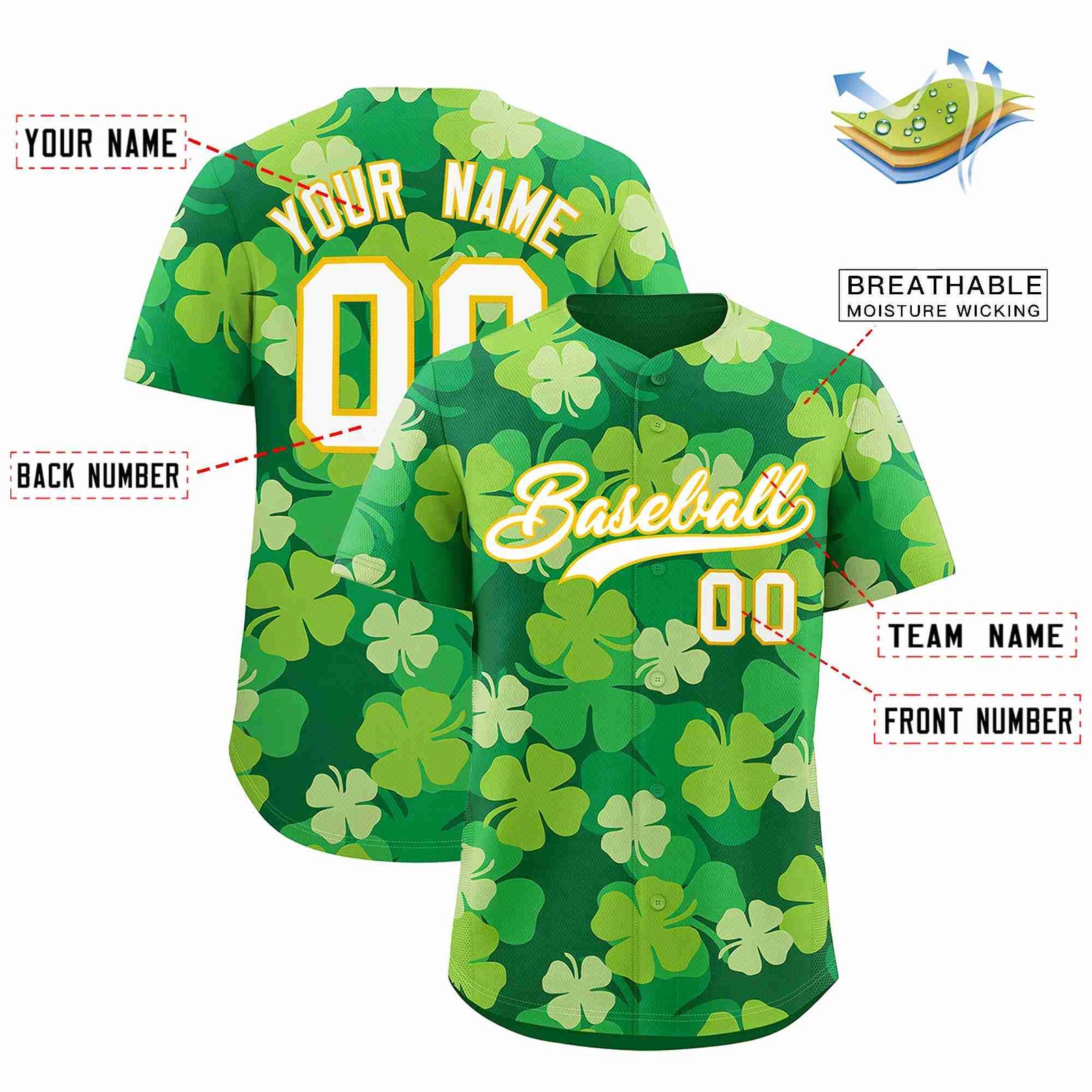 Custom Kelly Green White St.Patrick's Day Personalized Four Leaf Clover Pattern Baseball Jersey