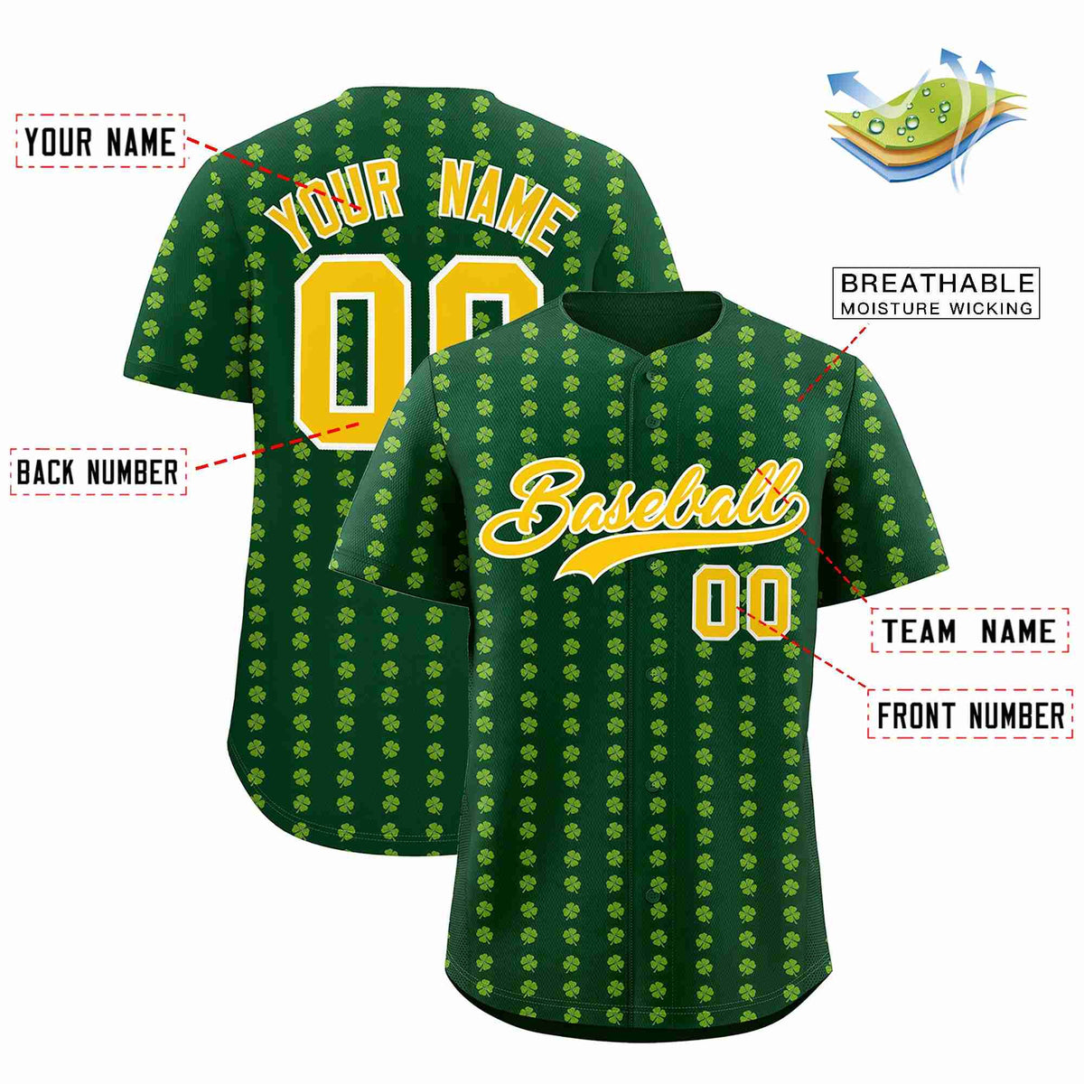 Custom Green Gold St.Patrick's Day Personalized Four Leaf Clover Pattern Baseball Jersey
