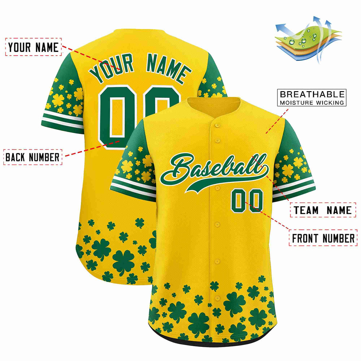 Custom Gold Kelly Green St.Patrick's Day Personalized Four Leaf Clover Pattern Baseball Jersey