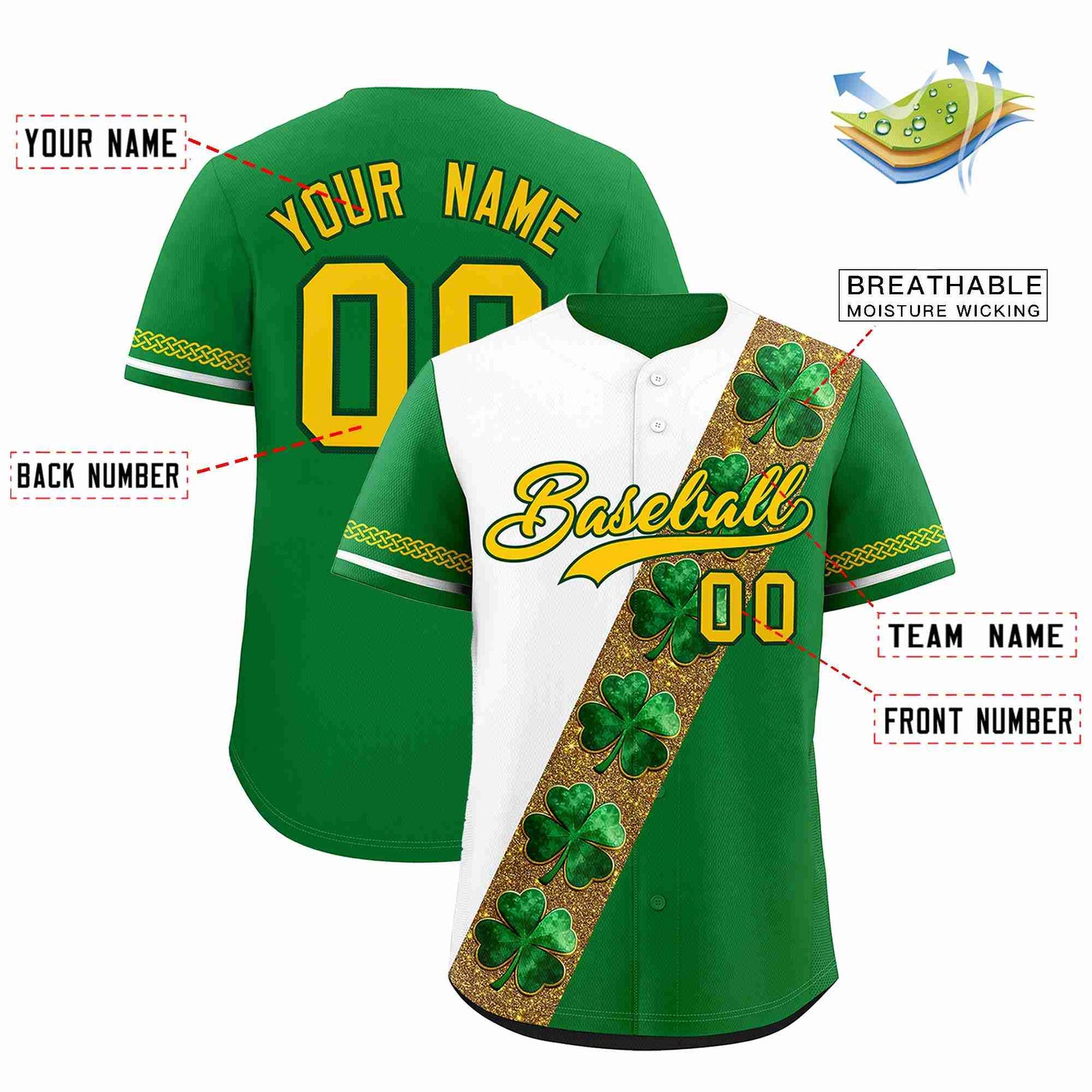 Custom White Kelly Green St.Patrick's Day Personalized Four Leaf Clover Pattern Baseball Jersey