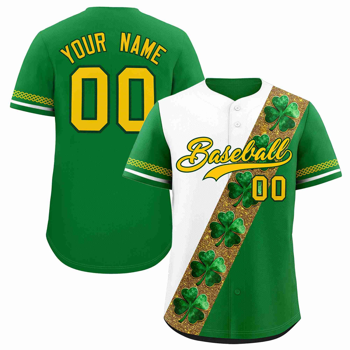 Custom White Kelly Green St.Patrick's Day Personalized Four Leaf Clover Pattern Baseball Jersey