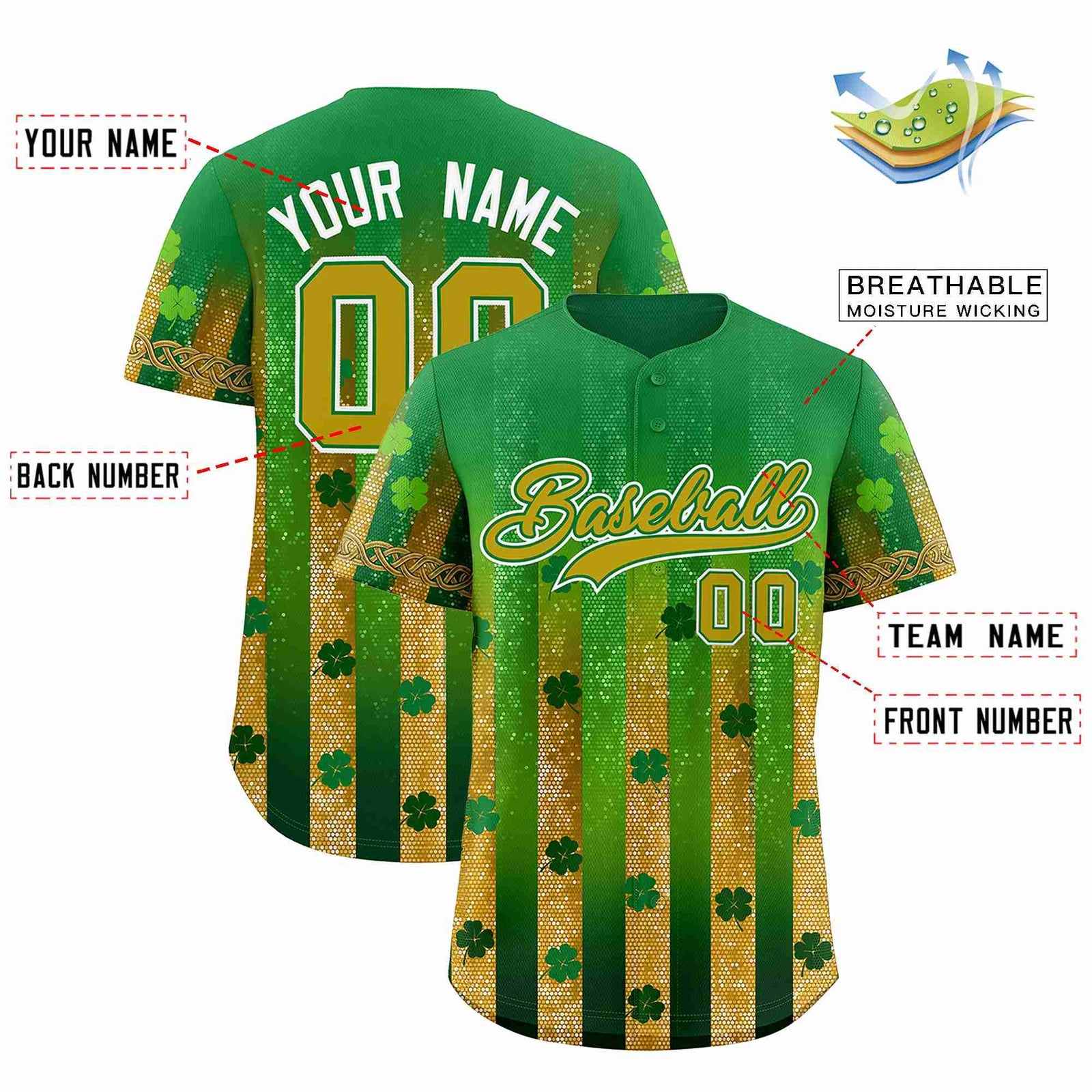 Custom Kelly Green Green St.Patrick's Day Personalized Four Leaf Clover Pattern Baseball Jersey