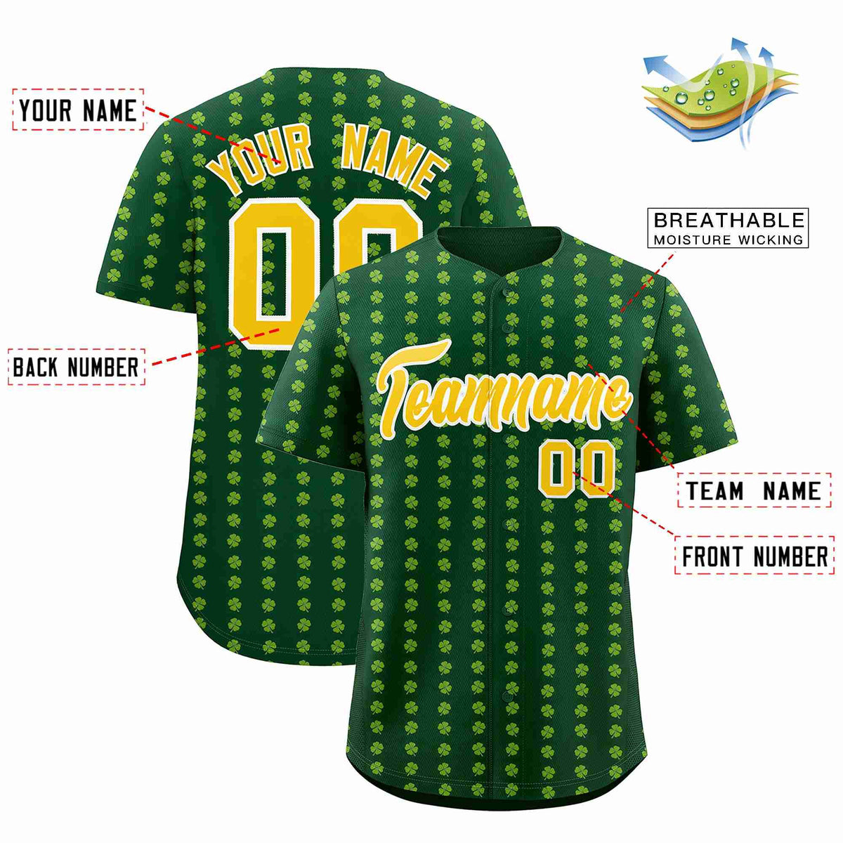 Custom Green Gold St.Patrick's Day Personalized Four Leaf Clover Pattern Baseball Jersey