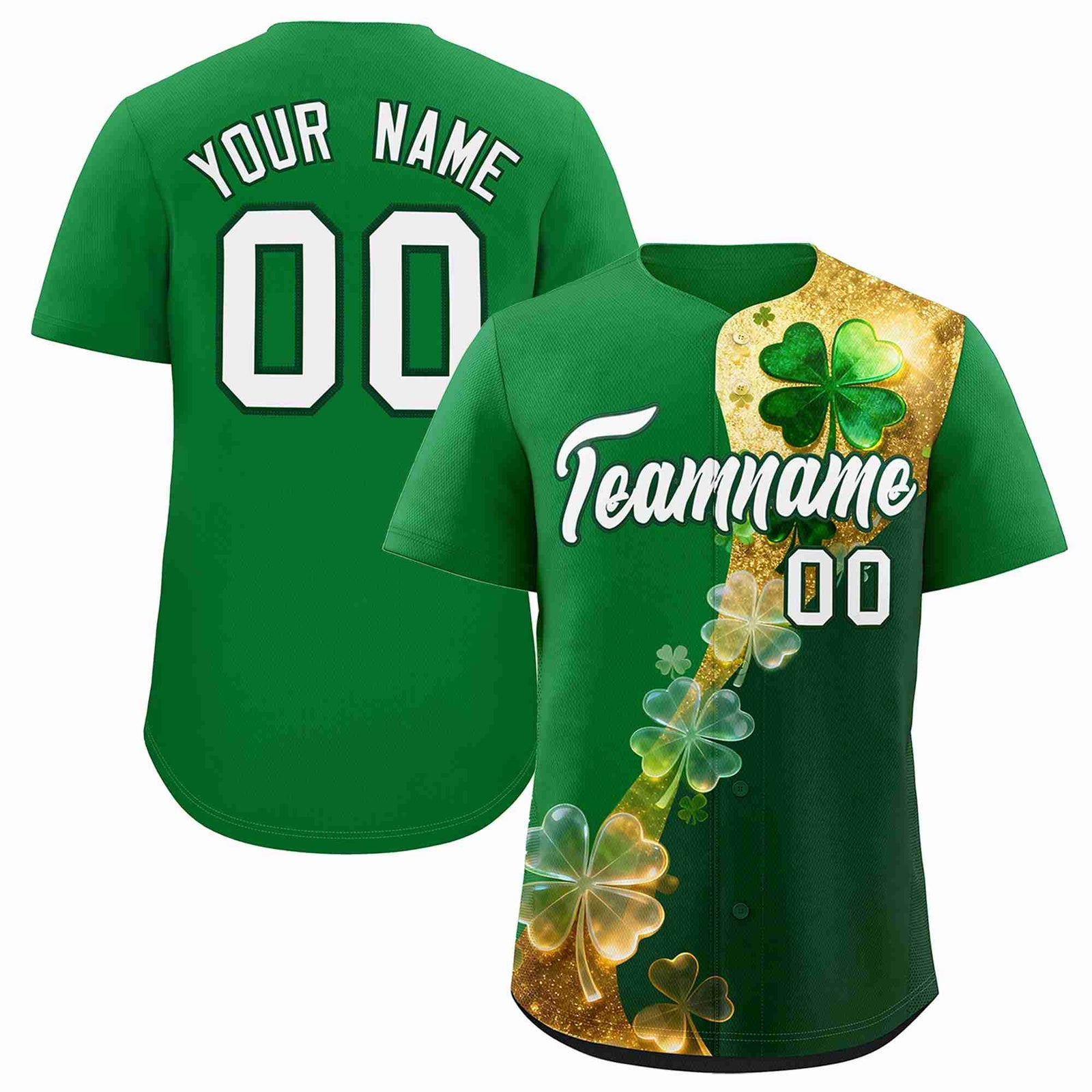 Custom Kelly Green Green St.Patrick's Day Personalized Four Leaf Clover Pattern Baseball Jersey