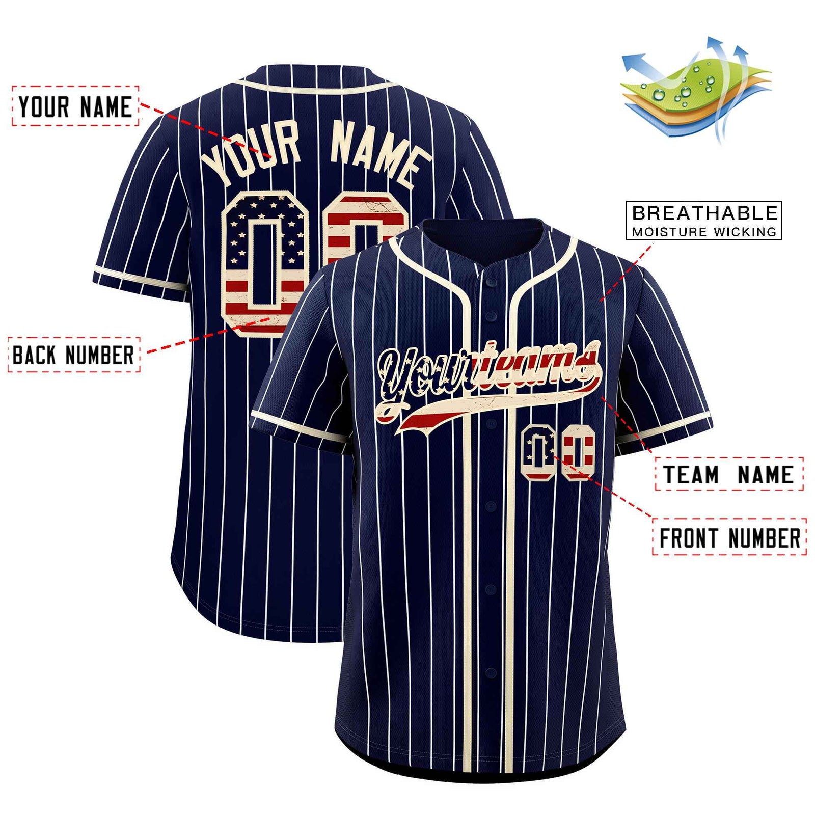Custom Navy Cream Pinstripe Vintage USA Flag Authentic Baseball Jersey