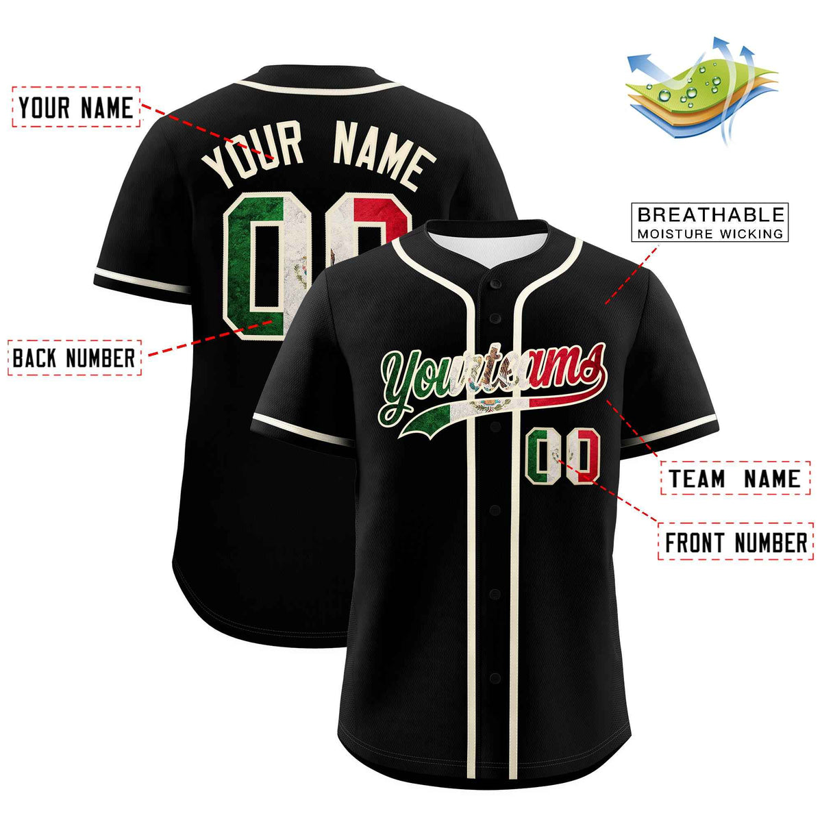 Custom Black Cream Vintage Mexican Flag Authentic Baseball Jersey