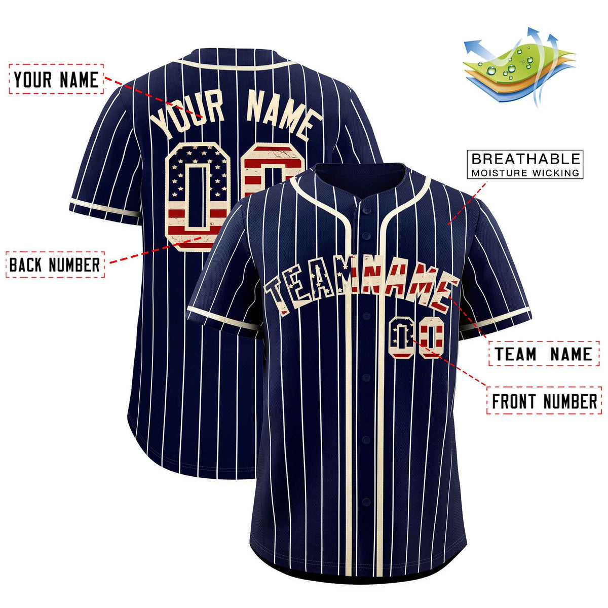 Custom Navy Cream Pinstripe Vintage USA Flag Authentic Baseball Jersey