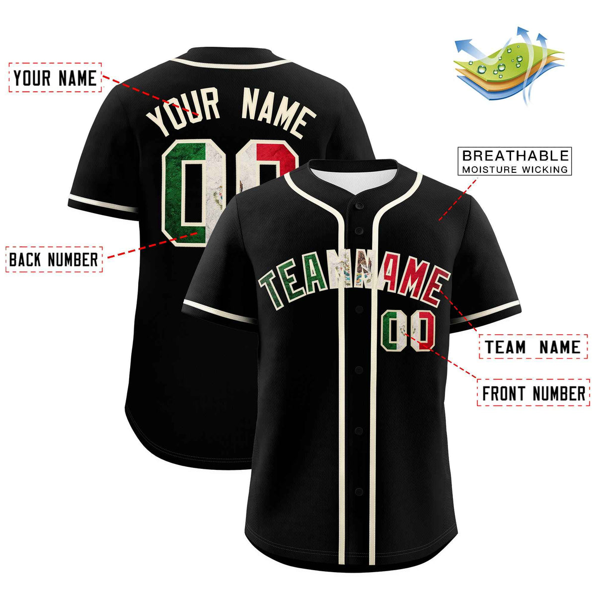Custom Black Cream Vintage Mexican Flag Authentic Baseball Jersey