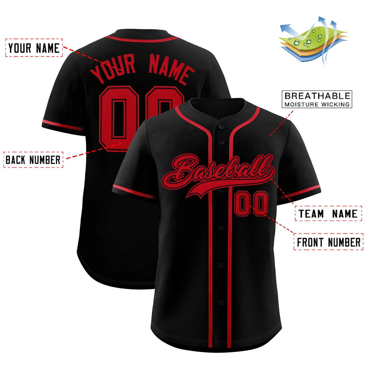 Custom Black Red Classic Style Authentic Baseball Jersey