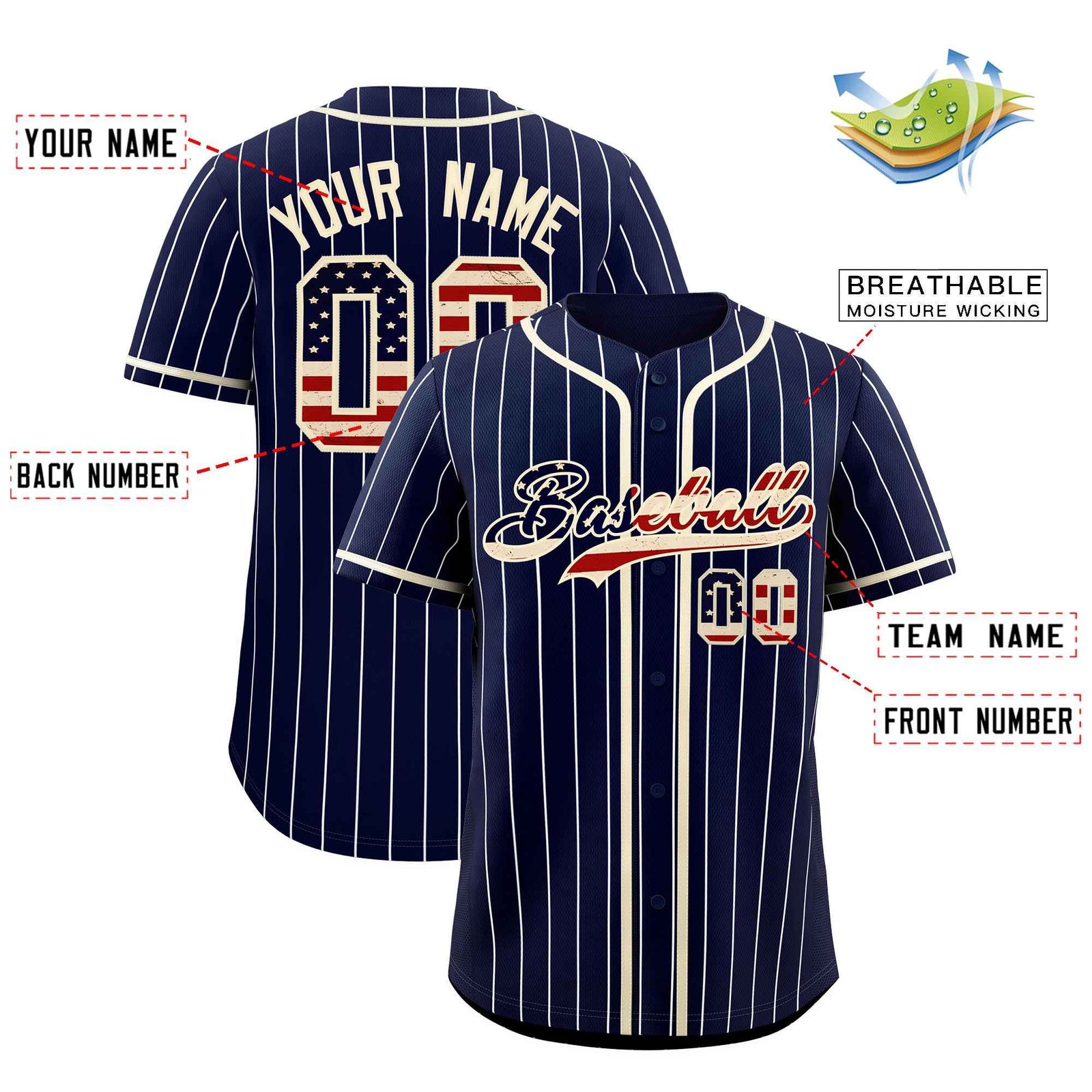 Custom Navy Cream Pinstripe Vintage USA Flag Authentic Baseball Jersey