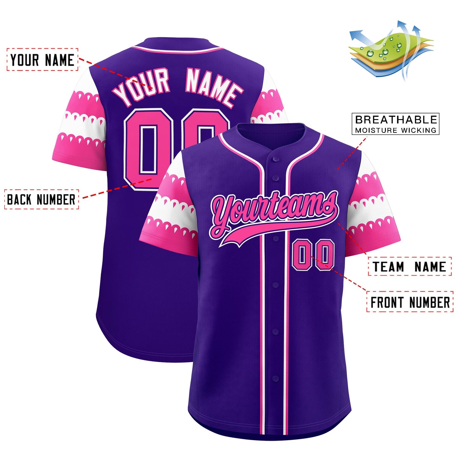 Custom Purple Pink White Sleeve Flag Lace Baseball Jersey | Sublimation Printed & Embroidery,Add Name and Numbern,Perfect for Teams | KXKSHOP