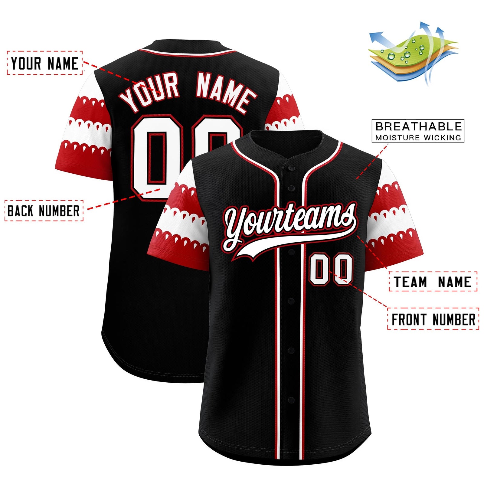 Custom Black Red White Sleeve Flag Lace Baseball Jersey | Sublimation Printed & Embroidery,Add Name and Numbern,Perfect for Teams | KXKSHOP