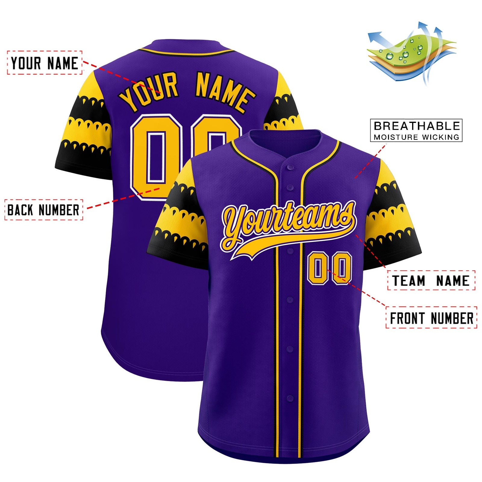 Custom Purple Gold Black Sleeve Flag Lace Baseball Jersey | Sublimation Printed & Embroidery,Add Name and Numbern,Perfect for Teams | KXKSHOP