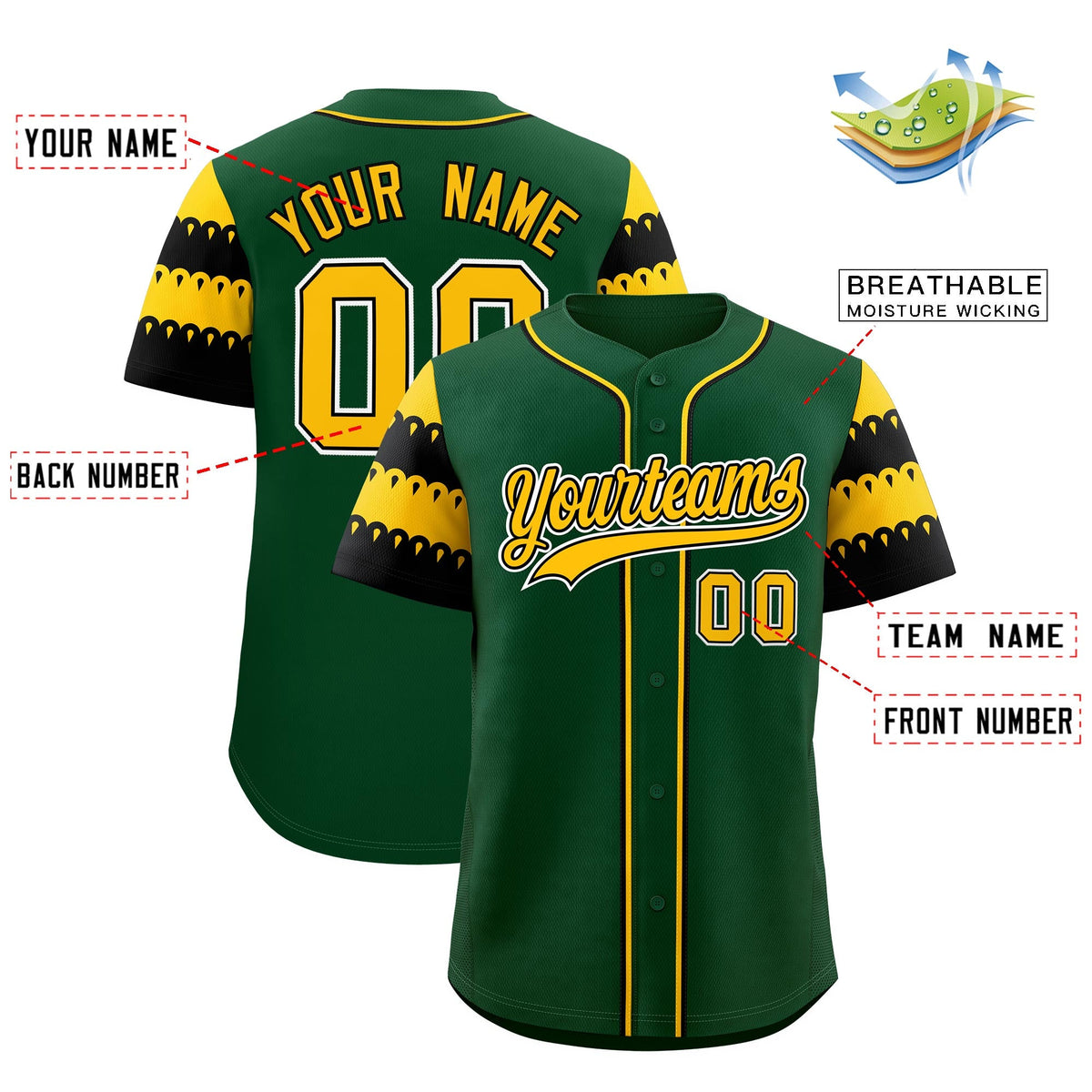 Custom Green Gold Black Sleeve Flag Lace Baseball Jersey | Sublimation Printed & Embroidery,Add Name and Numbern,Perfect for Teams | KXKSHOP