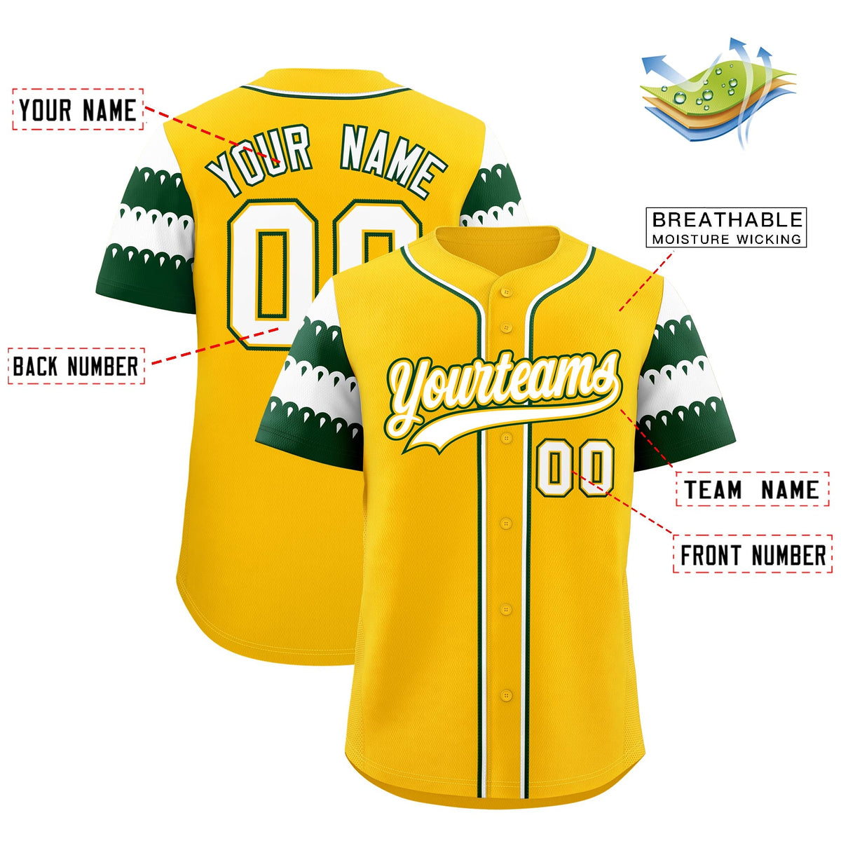 Custom Gold Green White Sleeve Flag Lace Baseball Jersey | Sublimation Printed & Embroidery,Add Name and Numbern,Perfect for Teams | KXKSHOP