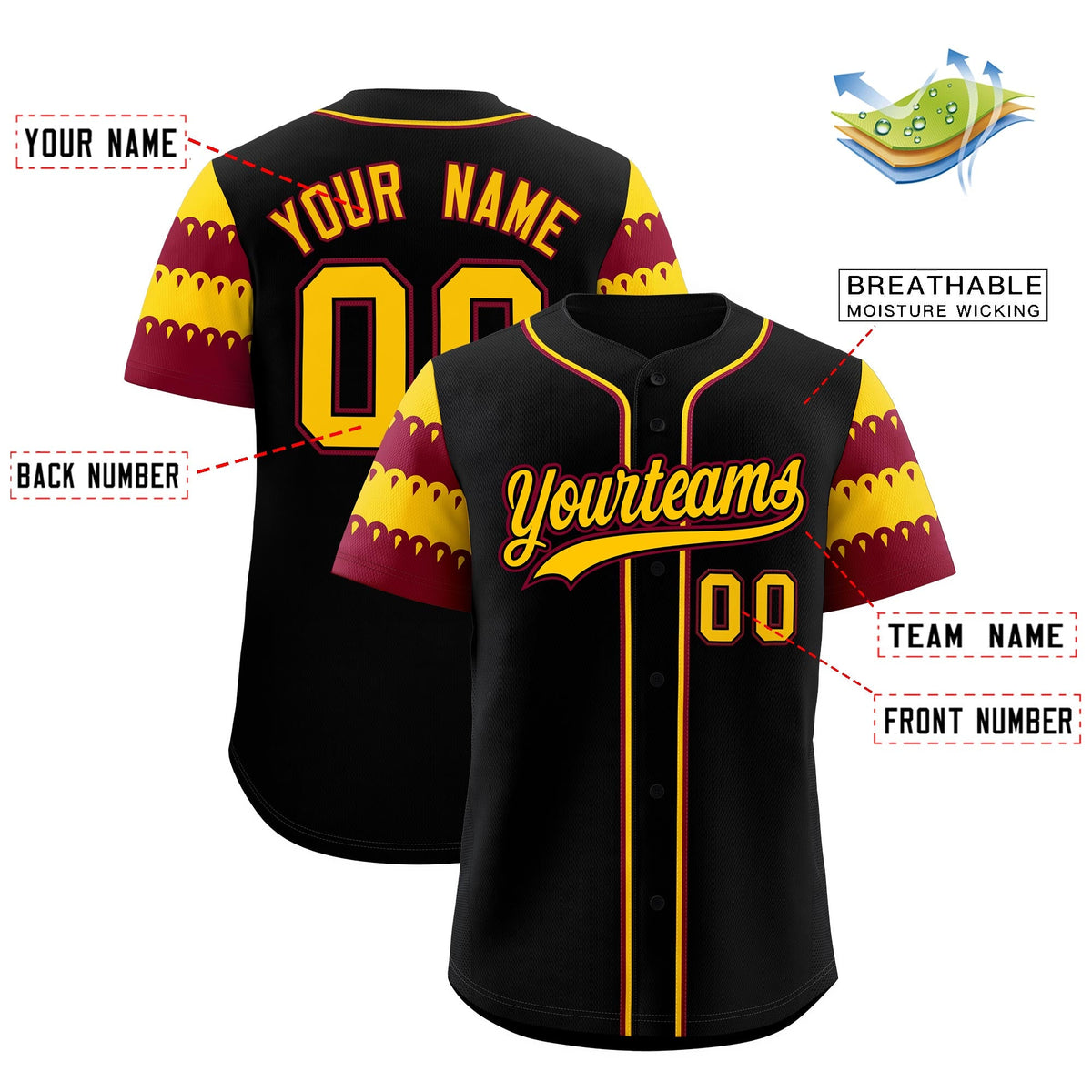 Custom Black Crimson Gold Sleeve Flag Lace Baseball Jersey | Sublimation Printed & Embroidery,Add Name and Numbern,Perfect for Teams | KXKSHOP