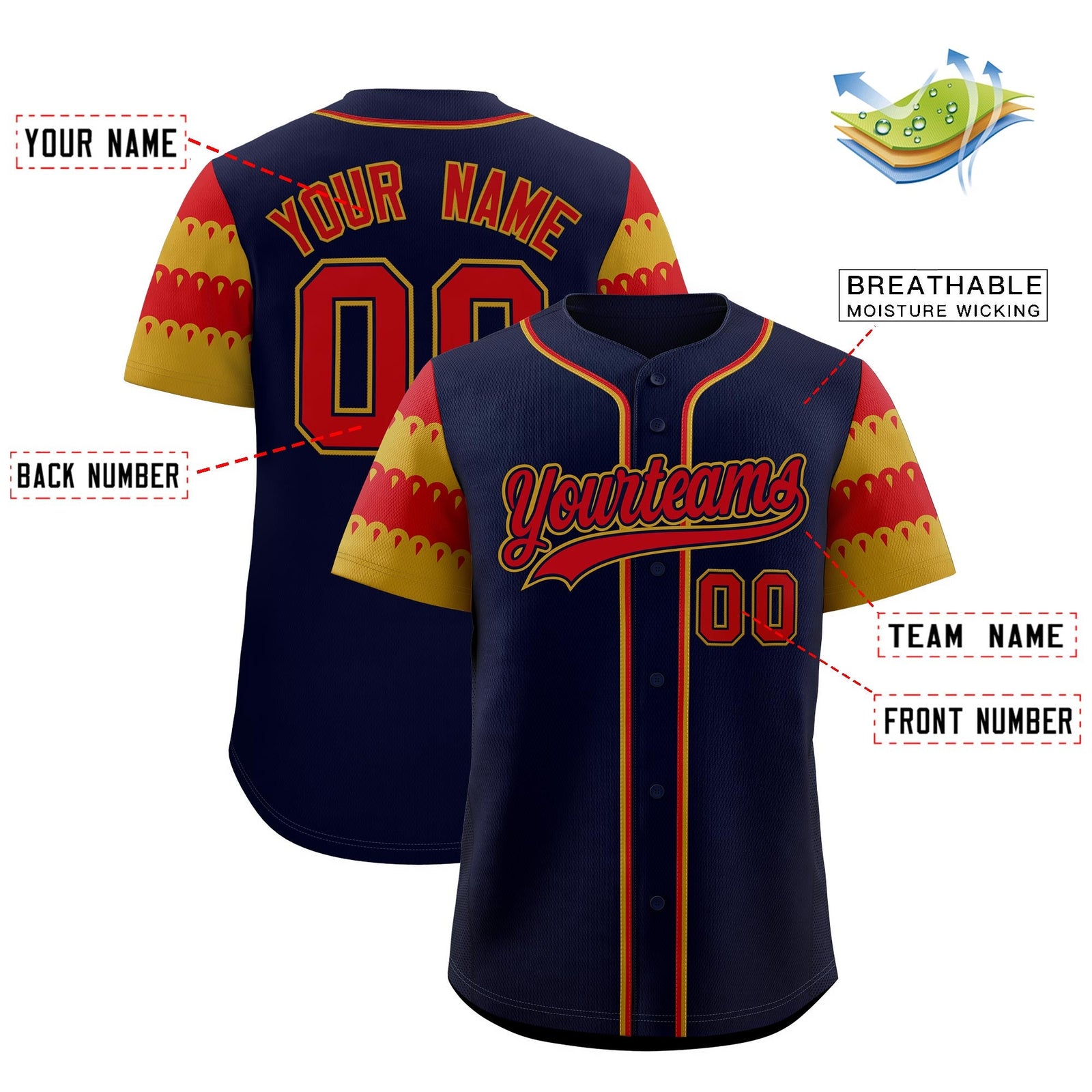 Custom Navy Old Gold Red Sleeve Flag Lace Baseball Jersey | Sublimation Printed & Embroidery,Add Name and Numbern,Perfect for Teams | KXKSHOP