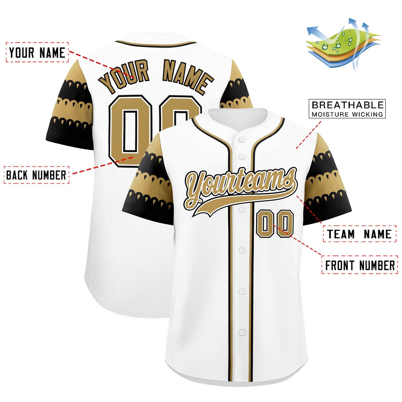 Custom White Old Gold Black Sleeve Flag Lace Baseball Jersey | Sublimation Printed & Embroidery,Add Name and Numbern,Perfect for Teams | KXKSHOP