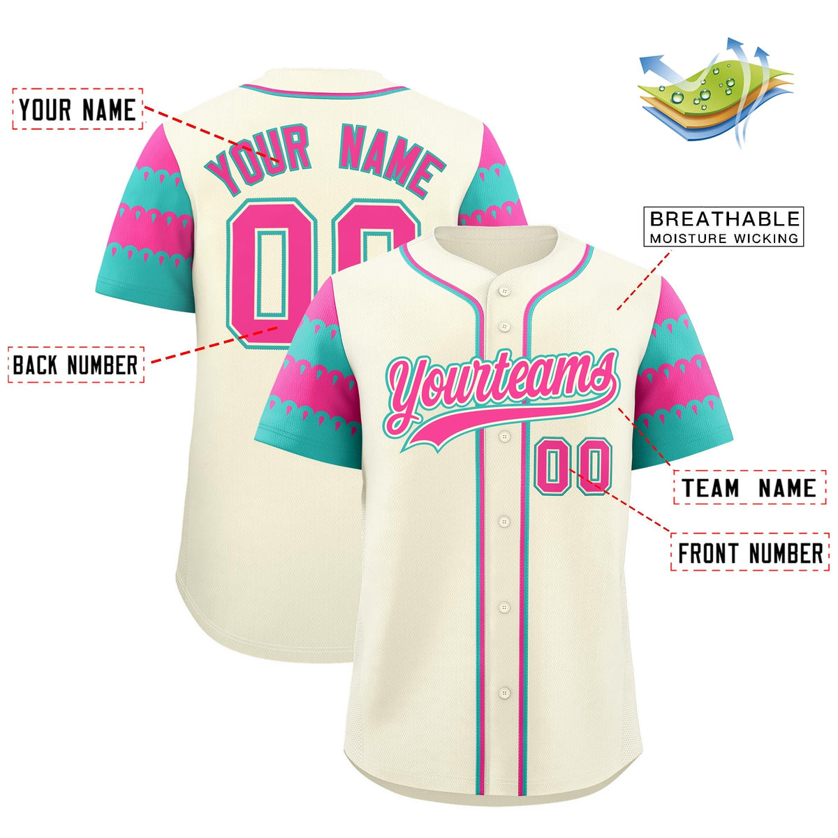 Custom Cream Pink Aqua Sleeve Flag Lace Baseball Jersey | Sublimation Printed & Embroidery,Add Name and Numbern,Perfect for Teams | KXKSHOP