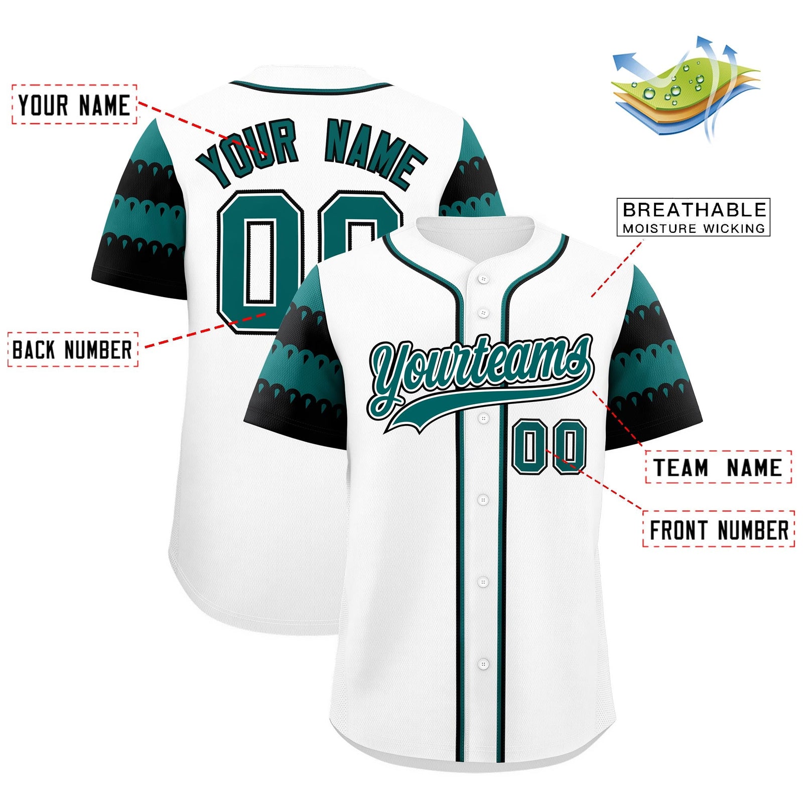Custom White Teal Black Sleeve Flag Lace Baseball Jersey | Sublimation Printed & Embroidery,Add Name and Numbern,Perfect for Teams | KXKSHOP