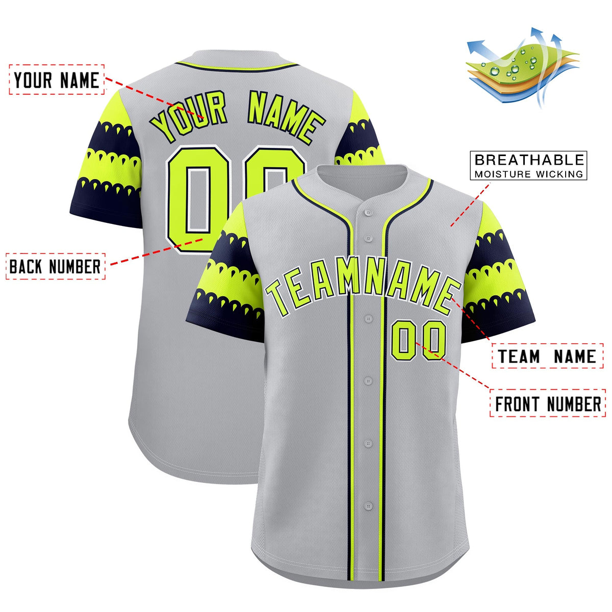 Custom Gray Navy Fluorescent Green Sleeve Flag Lace Baseball Jersey | Sublimation Printed &amp; Embroidery,Add Name and Numbern,Perfect for Teams | KXKSHOP
