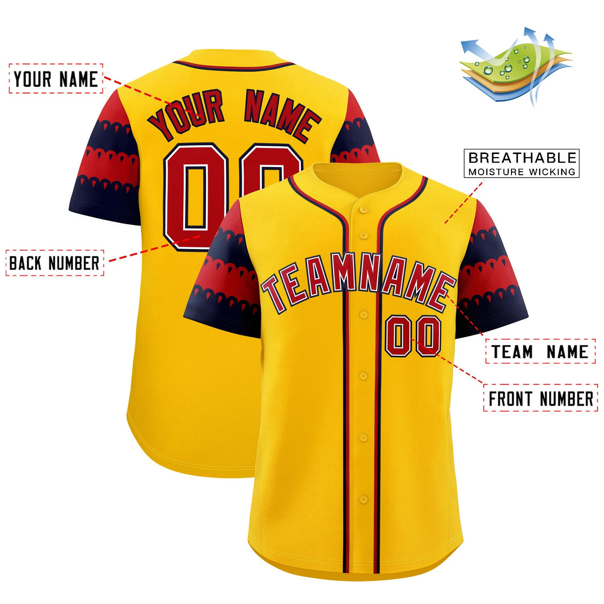 Custom Gold Navy Red Sleeve Flag Lace Baseball Jersey | Sublimation Printed & Embroidery,Add Name and Numbern,Perfect for Teams | KXKSHOP