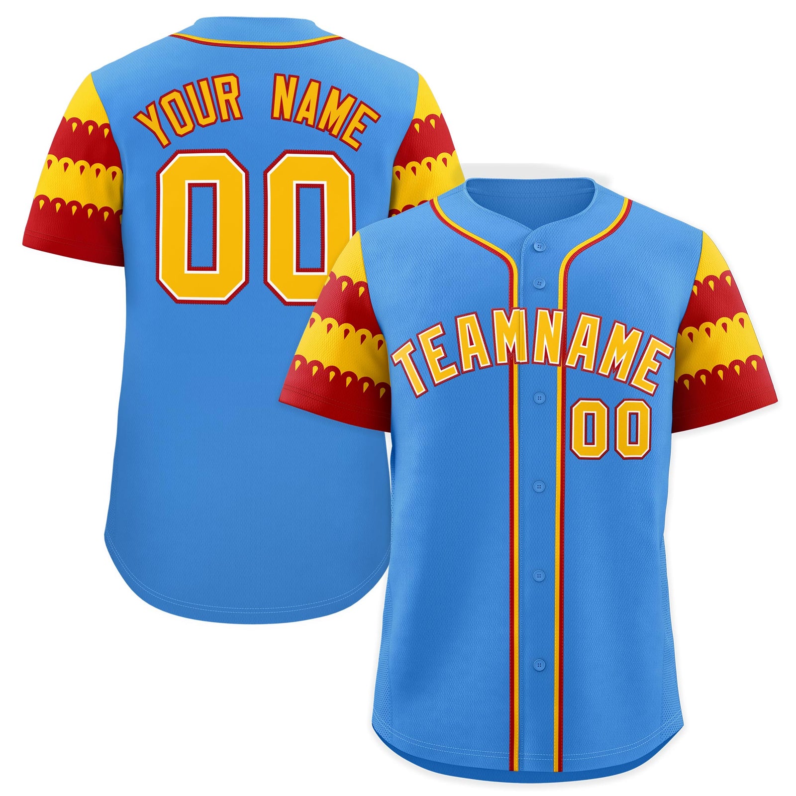 Custom Powder Blue Gold Red Sleeve Flag Lace Baseball Jersey | Sublimation Printed & Embroidery,Add Name and Numbern,Perfect for Teams | KXKSHOP