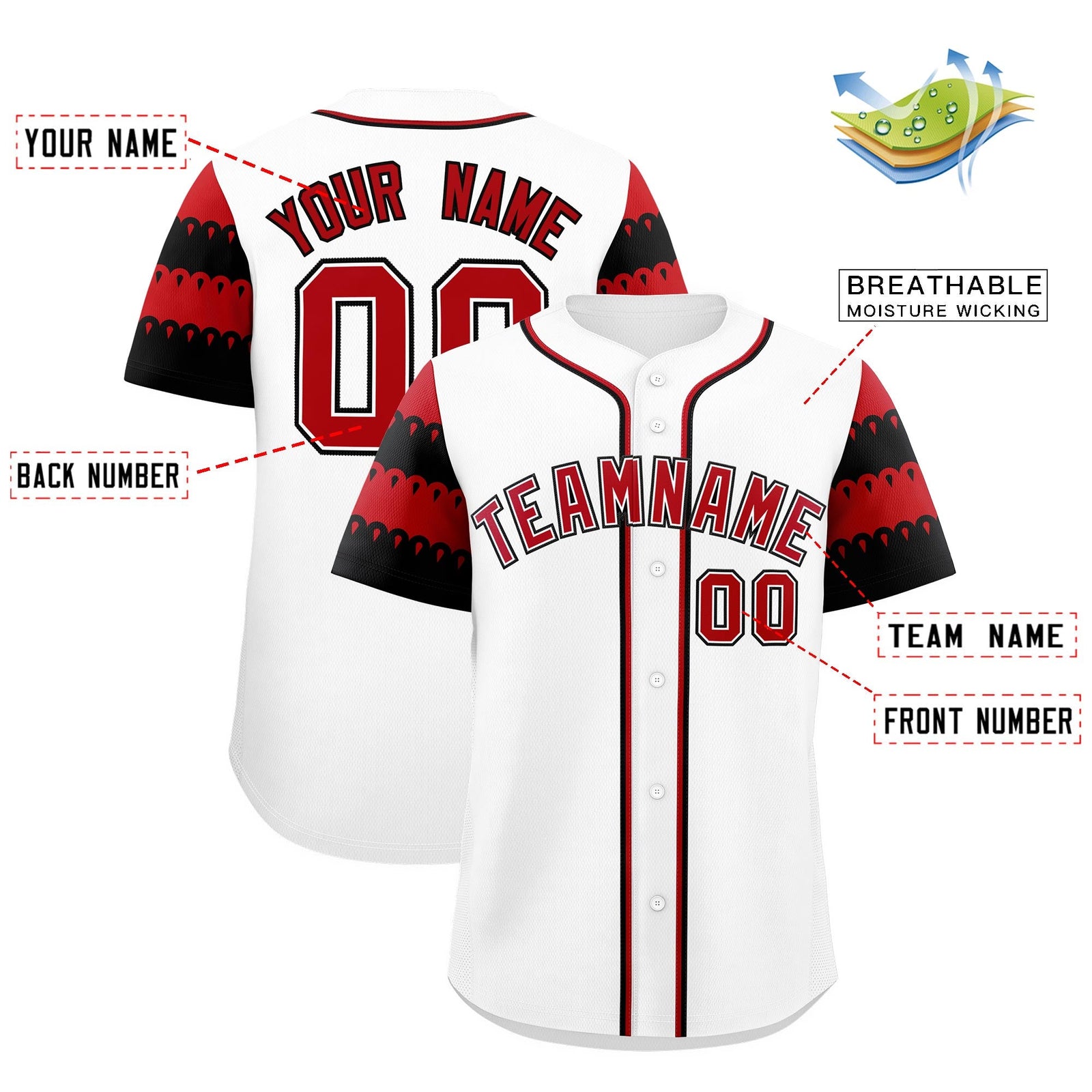 Custom White Red Black Sleeve Flag Lace Baseball Jersey | Sublimation Printed & Embroidery,Add Name and Numbern,Perfect for Teams | KXKSHOP