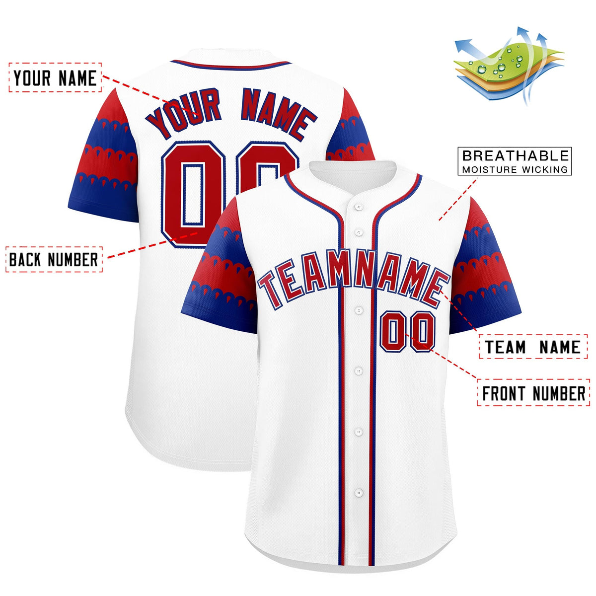 Custom White Royal Red Sleeve Flag Lace Baseball Jersey | Sublimation Printed & Embroidery,Add Name and Numbern,Perfect for Teams | KXKSHOP