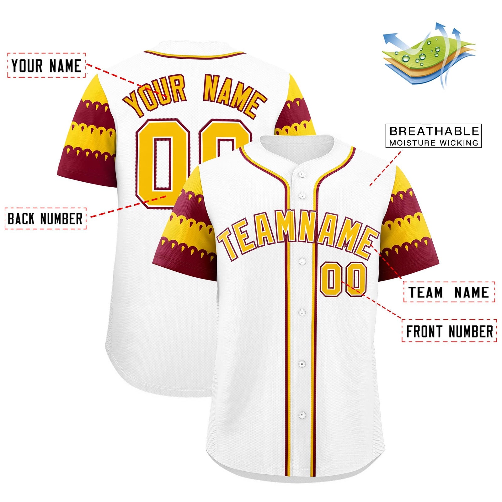 Custom White Crimson Gold Sleeve Flag Lace Baseball Jersey | Sublimation Printed & Embroidery,Add Name and Numbern,Perfect for Teams | KXKSHOP
