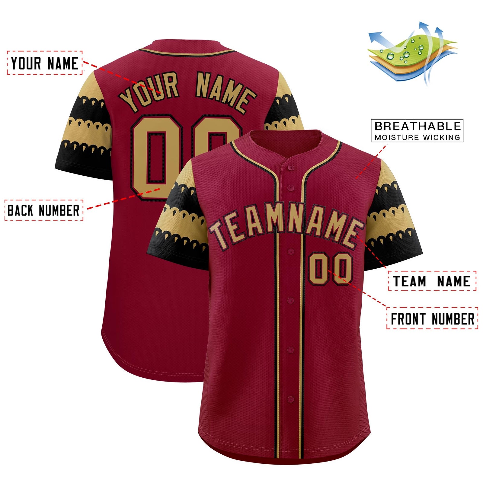 Custom Crimson Black Old Gold Sleeve Flag Lace Baseball Jersey | Sublimation Printed & Embroidery,Add Name and Numbern,Perfect for Teams | KXKSHOP